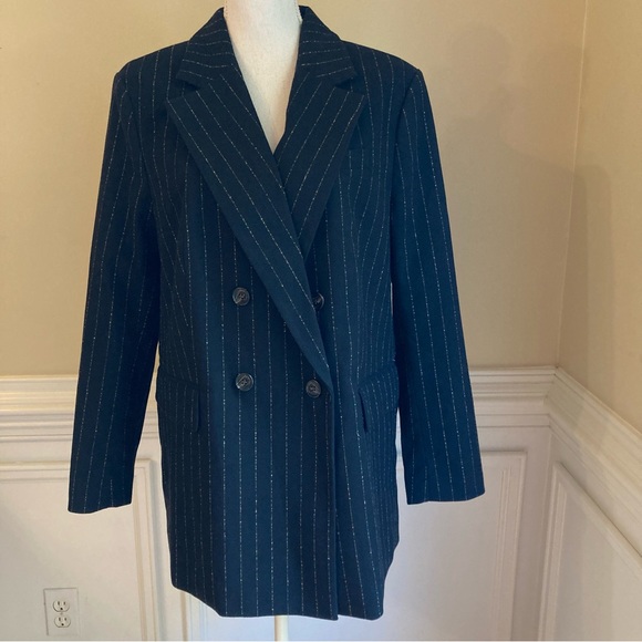 H&M Black Beige Pinstripe Viscose Blend Double Breasted Blazer Jacket NWT - Picture 1 of 7